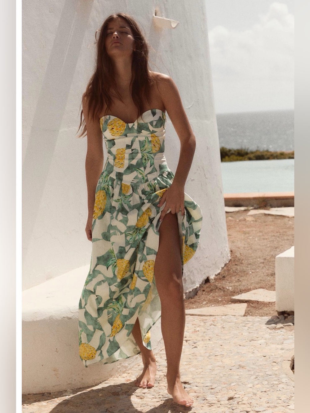 NWT Zara Fruit Print Bustier Strapless Midi Dress Size Small Ecru Green 3152/391